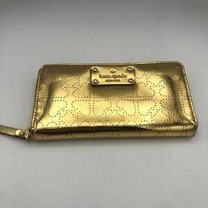 Kate Spade Womens Wallet Zip Around Shiny Metallic‎ Gold Heart Print